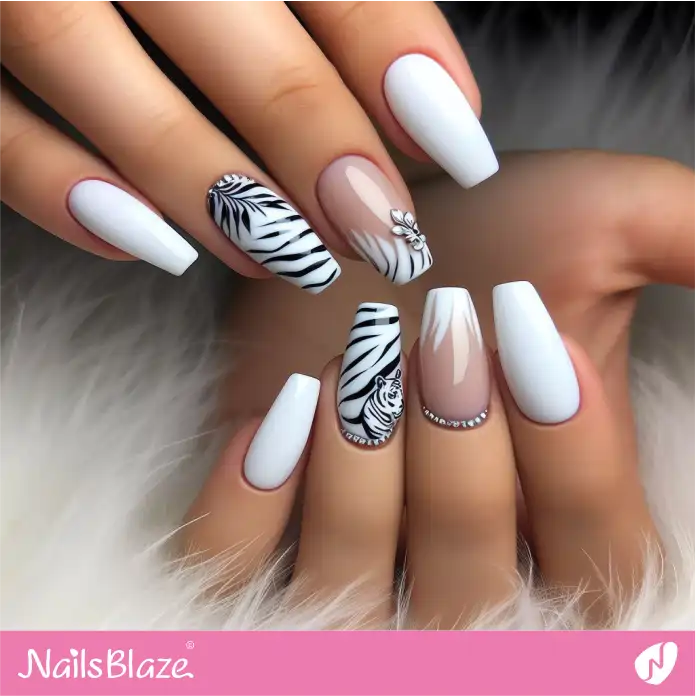 Black and White Zebra Nails with Embellishments | Animal Print Nails - NB2502